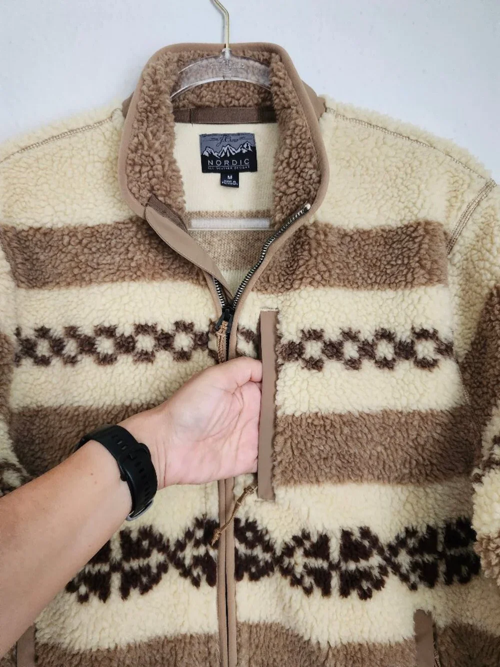 J.CREW Nordic Fair-Isle Sherpa Fleece Full-Zip Brown/Cream Striped Jacket M